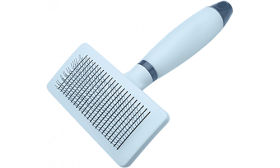 Brosse slicker bleu auto-nettoyante pour chien et chat, avec poignée, bouton de nettoyage, et design ergonomique.