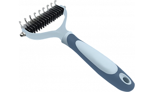 Pettine dematting rake blu per cani e gatti, con lame in acciaio inossidabile e manico ergonomico per toelettatura comoda.