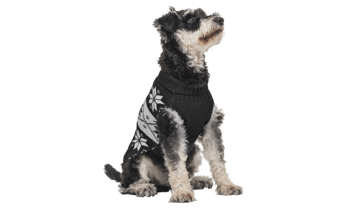 Maglione invernale nero per cani con motivo fiocchi di neve bianchi, lavabile, offre calore e stile festivo.