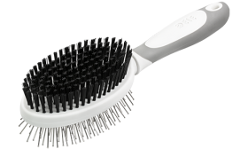 Brosse double face pour chien, avec poignée ergonomique, poils doux d’un côté et picots métalliques de l’autre.