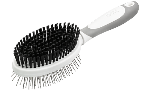Brosse Double Face pour Chien Brosse double face pour chien, avec poignée ergonomique, poils doux d’un côté et picots métalliques de l’autre.