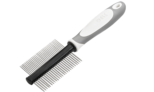 Pettine per Cani a Doppia Faccia Pettine doppio per cane con manico ergonomico, denti metallici fini e larghi per districare e pettinare.
