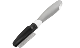 Peigne anti-puces pour chien et chat, dents métalliques fines et poignée ergonomique, conçu pour enlever puces et débris.