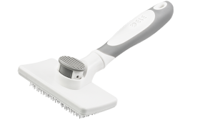 Spazzola slicker auto-pulente per cani e gatti con setole retrattili, con pulsante per rimozione facile dei peli.