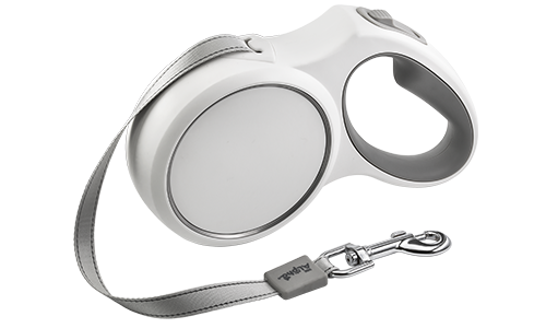 Guinzaglio per Cani in Nylon Riflettente Retrattile Guinzaglio retrattile bianco per cane con manico grigio ergonomico, estensibile fino a 5 metri, con clip robusto.