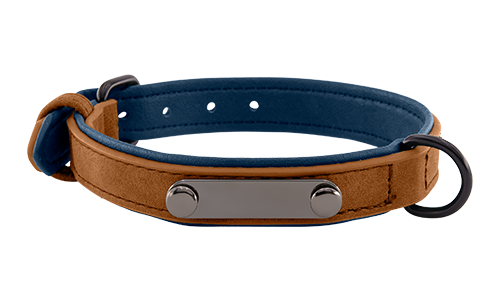 Braunes Luxus-Hundehalsband aus Samt mit eingebauter ID-Platte zur Gravur des Hundenamens, 35 - 37 cm lang, mit D-Ring.