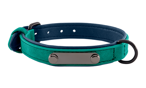 Grünes Luxus-Hundehalsband aus Samt mit eingebauter ID-Platte zur Gravur des Hundenamens, 35 - 37 cm lang, mit D-Ring.
