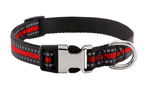 Reflektierendes rotes Hundehalsband mit verstellbarem Metallverschluss, 27-40 cm Länge und 1,5 cm breit, mit D-Ring.