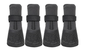 Sport Hundeschuh Socken Set aus vier Hundeschuhsocken in Grau mit rutschfesten Sohlen, leicht zu waschen, für den Komfort des Hundes im Freien.
