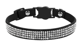 Collier anti-traction luxe noir pour chat avec cristaux, ajustable et léger pour confort, avec clochette noire.