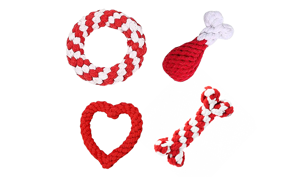Jouets pour Chiens en Corde – Lot de 3 Ensemble de quatre jouets en corde pour chien rouges et blancs, avec anneau, baguette, cœur et os, pour jeu interactif.