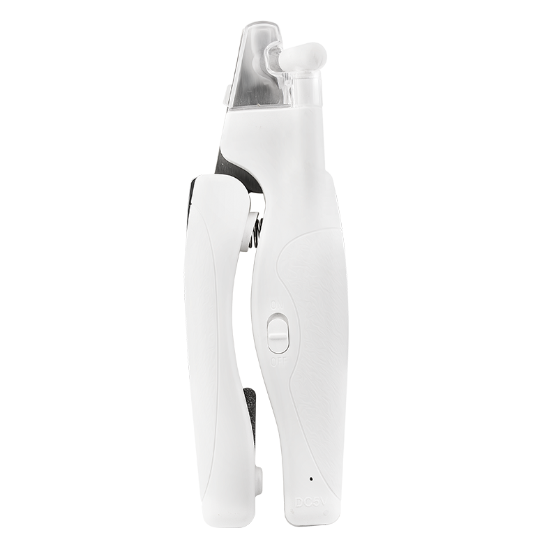 Coupe-ongles blanc pour chien avec lumière LED intégrée, lime cachée, design sécurisé et ergonomique pour plus de précision.