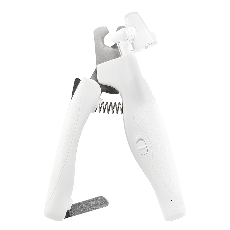 Coupe-ongles blanc pour chien avec lumière LED, poignée ergonomique, garde de sécurité et lime à ongles cachée.