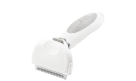 Hund und Katze Entfilzungsbürste Kleine weiße Deshedding-Bürste für Hunde mit feinen Metallzähnen und ergonomischem Griff, zum Reduzieren von Haarausfall.