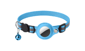 Collier réfléchissant bleu pour chat avec support AirTag, ajustable, léger et confortable, avec cloche bleue.