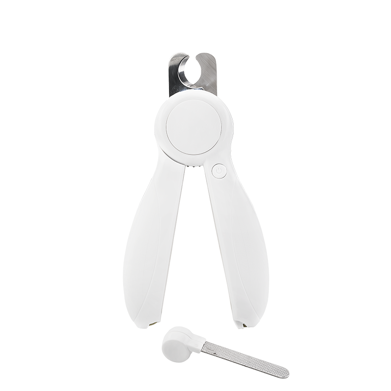 Coupe-ongles blanc pour chien avec lumière LED, verrou de sécurité, design efficace et lime à ongles cachée.