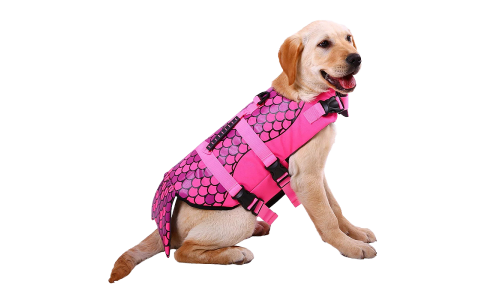 Giubbotto salvagente per cane a tema sirena in rosa con scaglie, per galleggiamento.