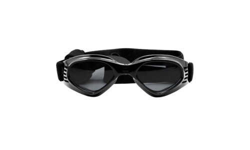 Schwarze Hundesonnenbrille mit UV-Schutz, dunkel getönte Gläser für Augensicherheit und stilvolles Aussehen.