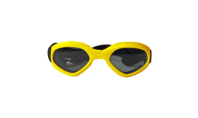 Gelbe Hundesonnenbrille mit UV-Schutz, dunkel getönte Gläser für Augensicherheit und stilvolles Aussehen.