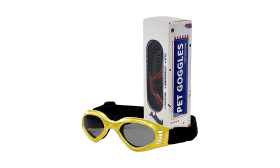Gelbe Hundesonnenbrille mit UV-Schutz, dunkel getönte Gläser für Augensicherheit und stilvolles Aussehen.