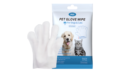 Packung mit hypoallergenen Haustier-Handschuh-Tüchern für Hunde und Katzen, 6 Stück, für sanfte Reinigung und Deodorierung.