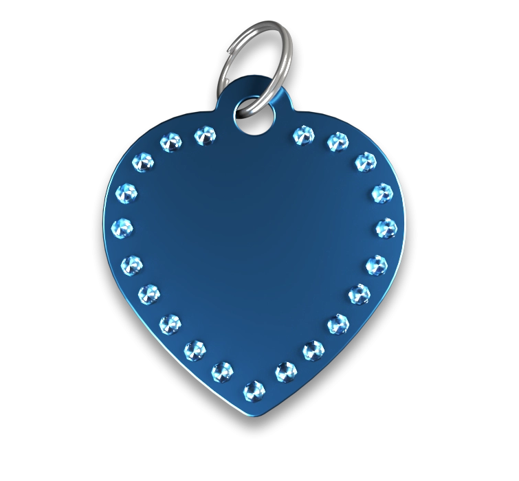 Médaille Cœur Luxe Gravée Médaille chien luxe cœur bleue avec strass et anneau en argent, personnalisable avec le nom du chien gravé.
