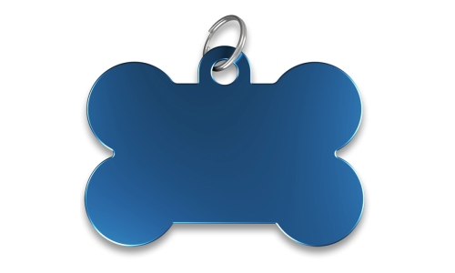 Blaue, knochenförmige Hundemarke mit glatter Oberfläche und silbernem Ring, personalisierbar mit graviertem Namen.
