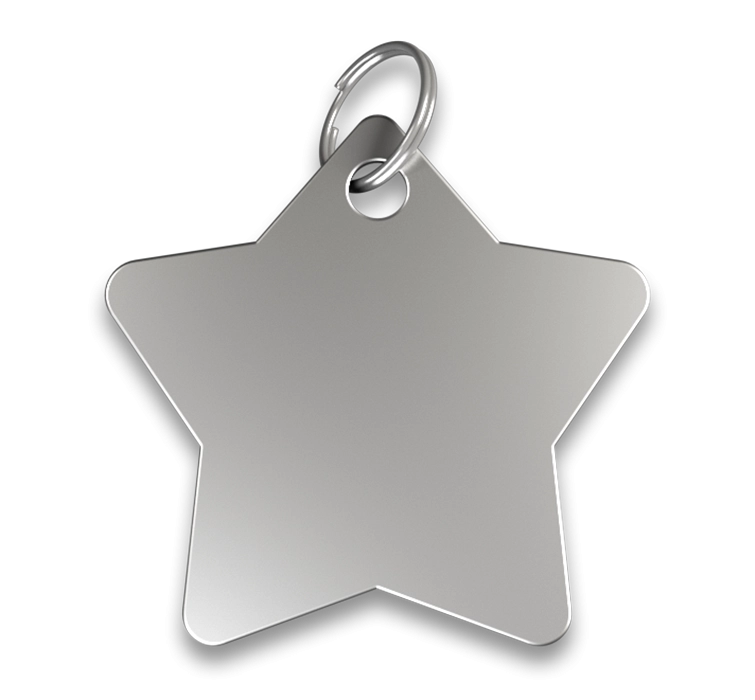 Targhetta incisa Stella Medaglietta cane a forma di stella argentata con finitura liscia, anello argentato, personalizzabile con nome inciso.
