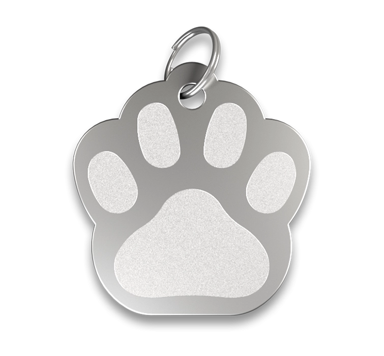 Médaille Patte Gravée Médaille chien patte argentée, finition lisse, avec anneau en argent, personnalisable avec le nom du chien gravé.