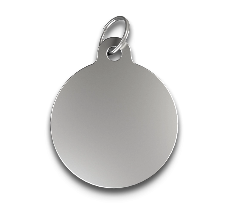 Targhetta incisa Rotonda con C Medaglietta cane a forma tonda C argentata con finitura liscia, anello argentato, personalizzabile con nome inciso.