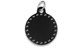 Médaille chien luxe ronde C noire avec strass et anneau en argent, personnalisable avec le nom du chien gravé.