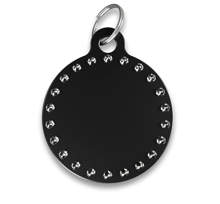 Médaille Ronde Luxe Gravée Médaille chien luxe ronde C noire avec strass et anneau en argent, personnalisable avec le nom du chien gravé.