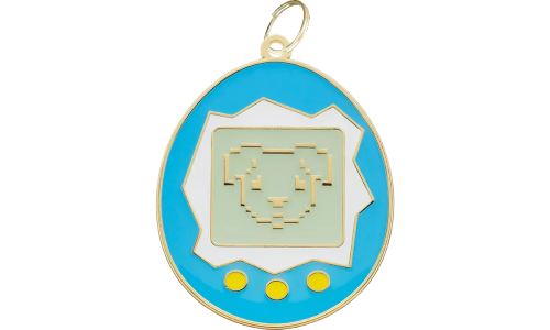 Rückseite der Tamagotchi-Hundemarke mit glatter Goldoberfläche, gravierbar für die Personalisierung mit Hundename.