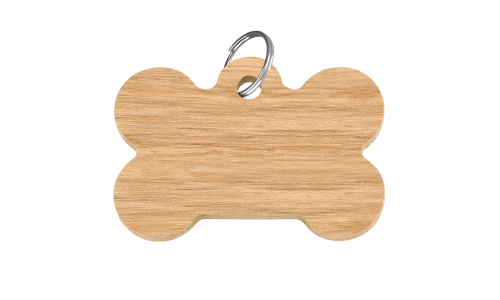 Holz-Hundemarke in Knochenform, 38mm x 25mm, FSC-zertifiziertes Holz, mit silbernem Ring, personalisierbar mit Hundename.