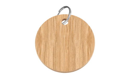 Holz-Hundemarke in Kreisform, 38mm x 25mm, FSC-zertifiziertes Holz, mit silbernem Ring, personalisierbar mit Hundename.