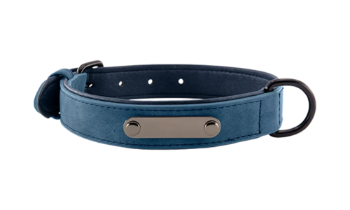 Blaues Luxus-Hundehalsband aus Samt mit eingebauter ID-Platte zur Gravur des Hundenamens, 35 - 37 cm lang, mit D-Ring.