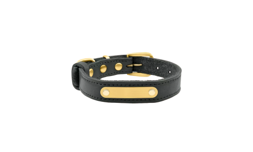 Luxus Hundehalsband aus echtem Leder in Schwarz mit eingebauter goldener ID-Platte zur Gravur des Hundenamens, 37-40 cm lang.