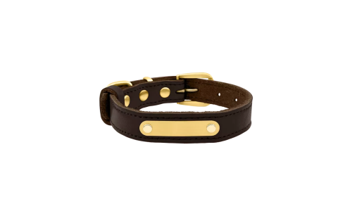 Luxus Hundehalsband aus echtem Leder in Braun mit eingebauter goldener ID-Platte zur Gravur des Hundenamens, 37-40 cm lang.