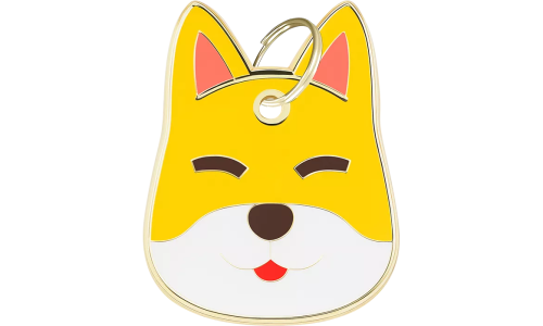 Gravierte Hundemarke in Form eines Shiba Inu-Gesichts mit lächelndem Ausdruck und goldener Umrandung.