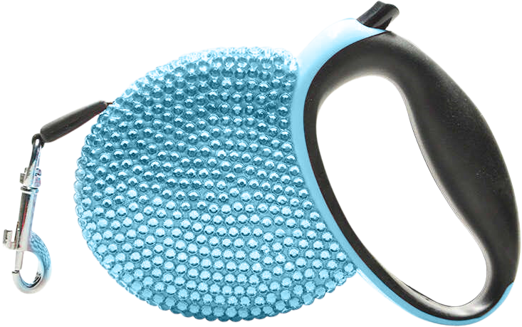 Luxuriöse Hundeleine mit Strass Blaue Luxus-Auszieh-Hundeleine, bedeckt mit funkelnden blauen Strasssteinen, mit schwarzem Griff, bis zu 3 Meter ausziehbar.