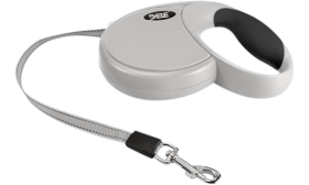 Laisse rétractable grise pour chien avec poignée ergonomique noire, prise douce, et clip robuste sécurisé.