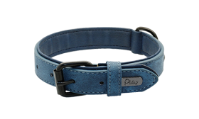 Collare per cane in velluto blu, lunghezza 35-37cm e larghezza 1,7cm, con fibbia metallica nera e D-ring per un look stiloso.