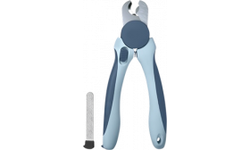 Coupe-ongles bleu pour chien avec poignées ergonomiques, garde de sécurité, et lime métallique, adapté aux chiens et chats.