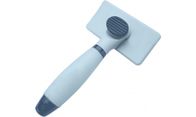 Brosse slicker bleu auto-nettoyante pour chien et chat, avec poignée, bouton de nettoyage, et poils doux pour le confort.