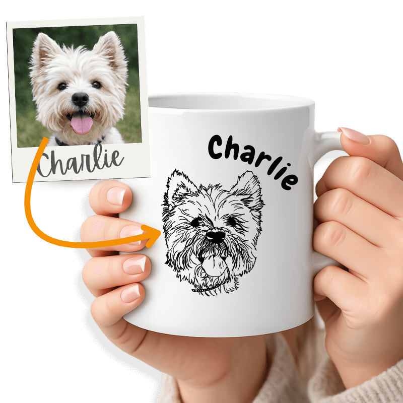 Personalisierte Hund Tasse mit kunstvollem Fotodesign – Füge den Namen deines Hundes hinzu