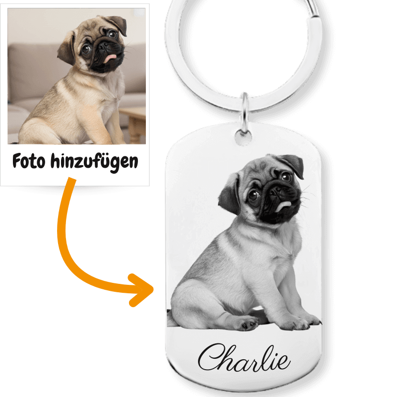 Personalisierter Hund Schlüsselanhänger mit eingraviertem Foto und Namen deines Haustieres