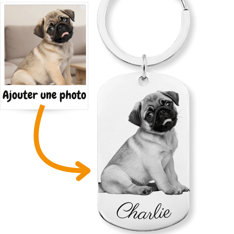Porte-clés chien personnalisé avec photo gravée et nom